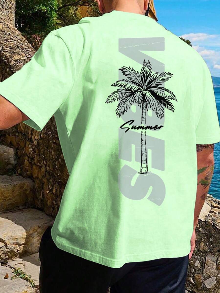 Manfinity Chillmode Men's Casual Holiday Coconut Tree & Letter Print T-Shirt, Graphic Tee Summer, Husband  And Boyfriend Gifts For Friends - Mint Green - View 1