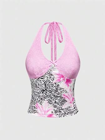 ROMWE Avant Canotta da donna con scollo ad aletta, con patchwork in pizzo e stampa floreale a zebre e leopardo, per vacanze in isola