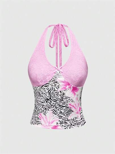 ROMWE Avant Canotta da donna con scollo ad aletta, con patchwork in pizzo e stampa floreale a zebre e leopardo, per vacanze in isola