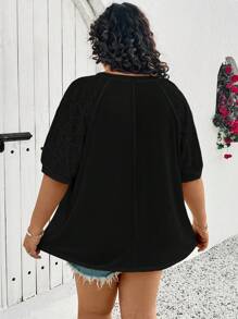 SHEIN CURVE+ 大码女款不同材质拼接上衣，白色T恤 - 黑色 - 查看 2
