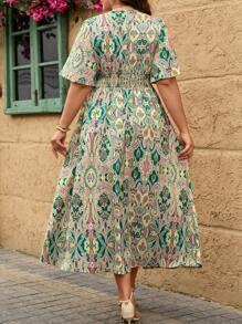 SHEIN Clasi Plus Size Women's Shirred Floral Print Ruffle Short Sleeve Drawstring Waist Dress, For Vacation Women Long Dresses Women Dresses Easter Women - Multicolor - View 2