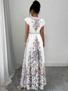 Chiquease 女士花卉印花 A 字裙，短袖，适合春夏季度假 - 彩色 - 查看 2