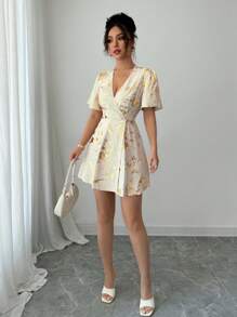 Rafferiza Elegant Figure-Flattering Elastic Waist Gathered Apricot Color Gold Crossed-Front Button-Up Ruffle Hem Butterfly Sleeve Front Slit Fit And Flare Short Dress For Women - Multicolor - View 3