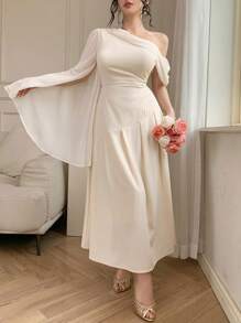 DAZY 女士优雅纯色不对称领长裙，正式女士连衣裙 - 杏色 - 查看 3