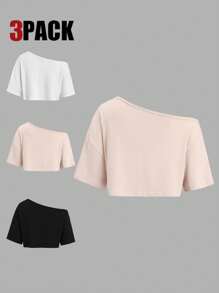 Sweetra 3pcs/Set Oblique Shoulder Short Sleeve White, Gray, Black Color Mix Loose T-Shirt - Multicolor - View 2