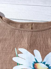 Linhara Plus Size Women Daisy Print Short Sleeve T-Shirt, Summer - Brown - View 4