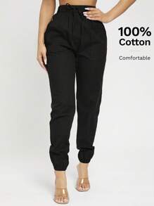 SHEIN PETITE 高腰结饰慢跑裤黑色 - 黑色 - 查看 7