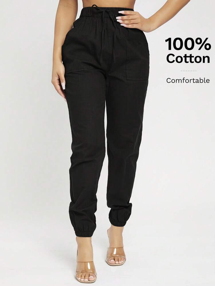 High Waist Knot Detail Jogger Black Pants