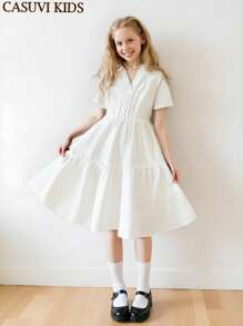 SHEIN 青少年女孩休闲校园 V 领高领修身纯白色连衣裙，适合春夏季节 - 白色 - 查看 4