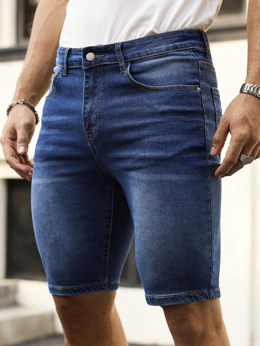 Manfinity Homme Pantaloni scurți din denim pentru bărbați, casual, spălați, cu buzunare oblice, croială slim, de vară - Spălare medie - Vizualizare 1