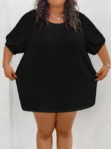 SHEIN CURVE+ 大码女款不同材质拼接上衣，白色T恤 - 黑色 - 查看 3