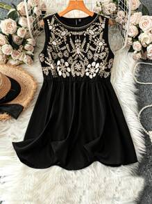 SHEIN LUNE Top sin mangas informal de mujer de talla grande con cuello redondo, de tejido de punto y tejido con bordado, adecuado para el verano, uso diario y vacaciones