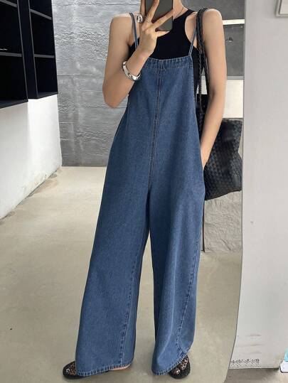 DAZY Bộ đồ liền thân denim ống rộng rộng rãi có túi cho nữ, thường ngày