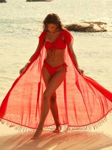 Anewsta 3pcs Red Elegant Ruffle Trim Asymmetric Tasseled Bohemia Style Swimsuit Set For Summer Beach Vacation - Red - View 5