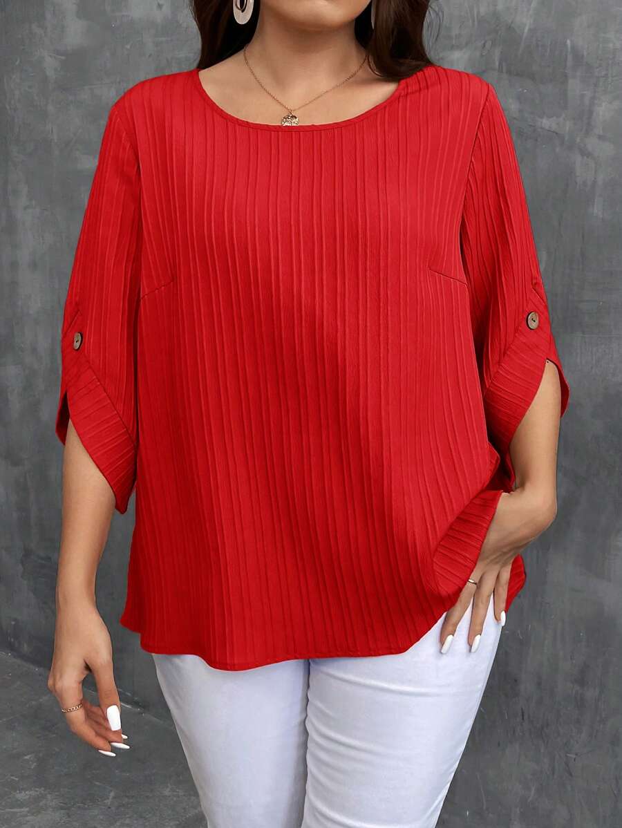 SHEIN LUNE Camicia a maniche lunghe tinta unita di taglia comoda, alla moda per l'estate - Rosso - Visualizzare 1