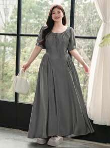 Dazy Plus Plus Size Solid Color Square Neck Tied Bubble Sleeve Bodycon Waist Dress, Spring/Summer,Casual Women Dresses - Grey - View 1