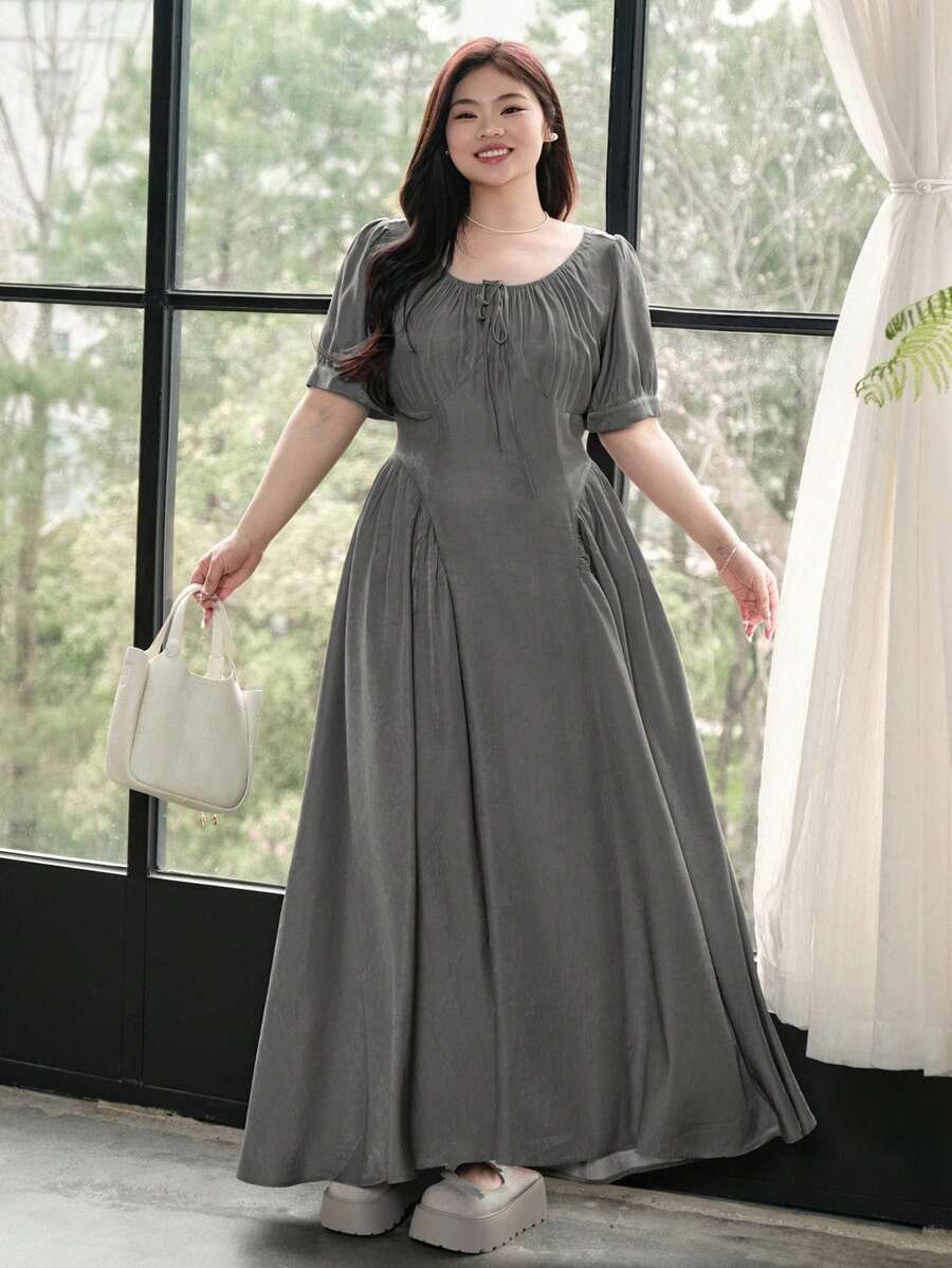 Dazy Plus Plus Size Solid Color Square Neck Tied Bubble Sleeve Bodycon Waist Dress, Spring/Summer,Casual Women Dresses - Grey - View 1