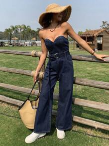 DAZY Mono de mezclilla holgado y casual de mujer con top bandeau y cinturón, para verano