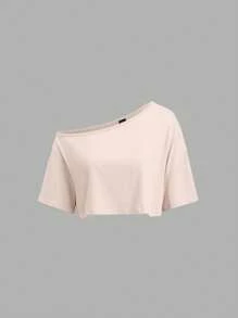 Sweetra 3pcs/Set Oblique Shoulder Short Sleeve White, Gray, Black Color Mix Loose T-Shirt - Multicolor - View 3