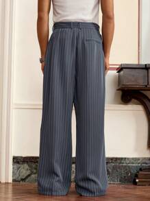 SWAVVY Pantalones casuales rectos de hombre con ajuste holgado y rayas en color azul-gris pálido, para atuendos de verano, uso escolar