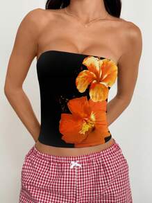 SHEIN EZwear Top tubo a fascia con motivo floreale arancione casual da donna, adatto per l'estate