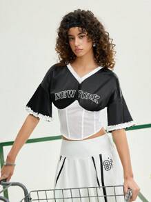 SHEIN MOD Maglietta sportiva con vita in contrasto bianco e nero, Maglietta estiva dolce, abbigliamento da donna in stile college, completo per ritorno a scuola e rave
