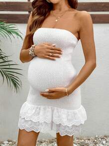 SHEIN Pregnant Women's Vacation Solid Color Ruffle Hem Strapless Dress - White - View 6