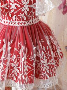 Baby Girl Floral Embroidery Mesh Ruffle Sleeve Cute Dress,Holiday,Summer, Travel - Red - View 7