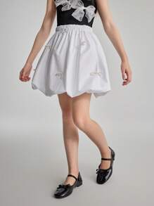 Ontre Tween Girls Simple High-End Fashionable Sweet Cute Outing, Home, Back To School, Party, Versatile Solid Color Pearl Bowknot Decor 3D Flower Bud Skirt, Spring/Summer