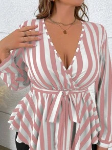 SHEIN Clasi Plus Size Striped Printed Cross Collar Asymmetrical Hem Blouse Peplum Top - Baby Pink - View 6
