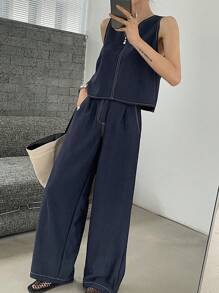 Livesso 女士牛仔无袖上衣和牛仔裤套装 - 深色水洗藍 - 查看 6