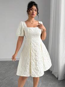 Elenzga 大码女式热销花卉提花优雅泡泡袖方领中长连衣裙 - 杏色 - 查看 3