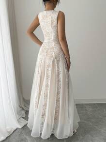 Rafferiza Women's Elegant Sleeveless Fitted Lace Rose Big A-Line Mesh Patchwork Dress, Spring/Summer - Apricot - View 2