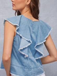 WESTFADE Summer Ruffle Fray Edge Split V Neck Loose Fit Cute Keyhole Button Back Sleeveless Denim Tank Top - Light Wash - View 4