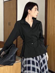 DAZY 女士束腰侧系带长袖衬衫 - 黑色 - 查看 3