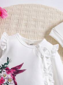 SHEIN Mono de manga larga con cuello de volantes de punto suave y floral para bebé recién nacido, conjunto de ropa de bebé de tela suave para otoño/invierno - Blanco - Ver 5