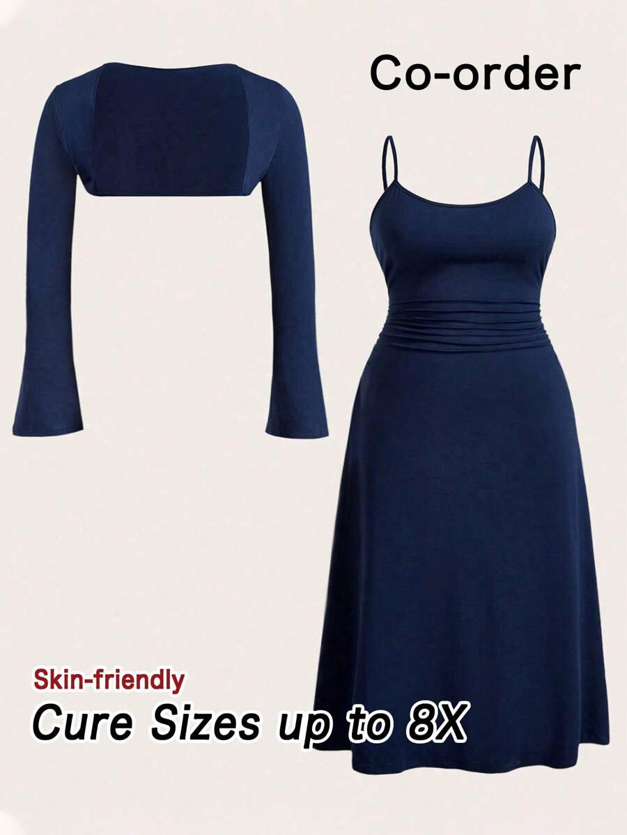 SHEIN CURVE+ Plus Size 2 Pieces Set Solid Color Long Sleeve Cover Up And Sleeveless Dress - Royal Blue - View 1