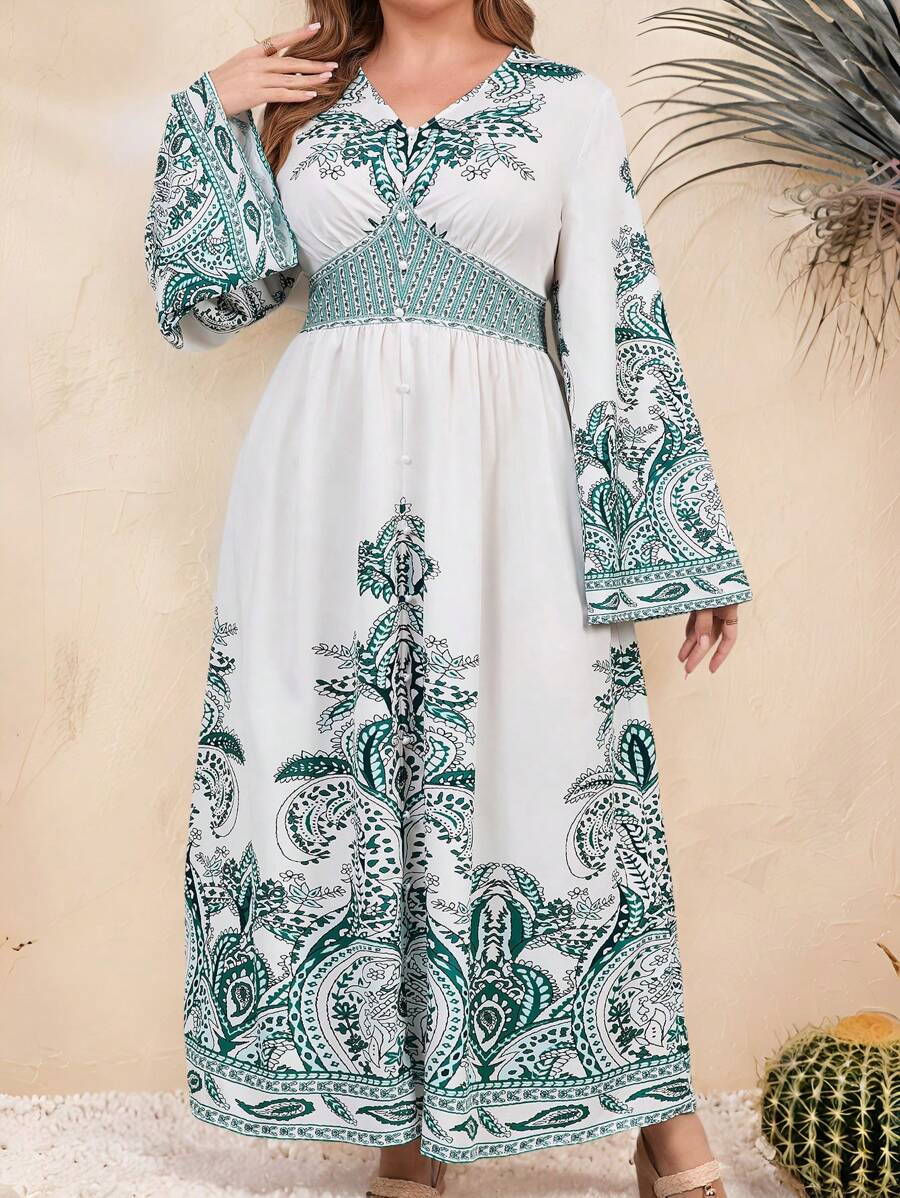 Mulvari Retro Palace Style Floral Print Flared Sleeve V-Neck Cinched Waist Dress - Multicolor - View 1
