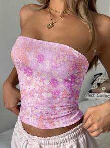 SHEIN EZwear Women's Casual Floral Print Bandeau Tight Fitted Crop Top, Suitable For Summer,Tube Top Suitable For Going Out