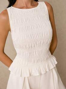 Poéselle Set da donna in 2 pezzi, tuta in cotone con top plissettato e shorts bermuda con tasche, completo bianco, shorts, tuta casual, abbigliamento quotidiano 2 pezzi/set, donna, tinta unita, canotta e shorts, estivo, outfit estivo boho Y2K, shorts set donna, outfit Coachella