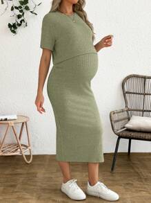 SHEIN 2-delige zwangerschapsoutfit in effen kleur met korte mouwen en rok, zomerse casual outfit