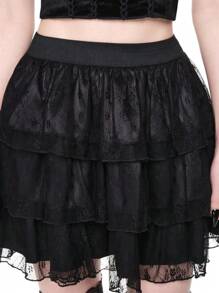 ROMWE Goth 优雅复古哥特式浪漫三层蕾丝A字裙 - 黑色 - 查看 3