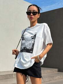 DAZY 熱帶印花和字母圖案落肩T恤 - 白色 - 查看 4