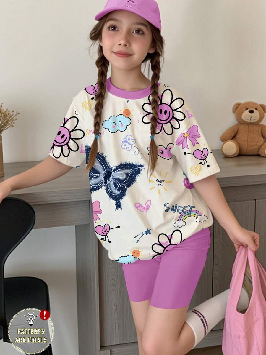 SHEIN Leap Crew Bộ 2 món áo thun tay ngắn và quần short phong cách tối giản thường ngày cho bé gái tuổi teen, mùa hè - Nhiều màu - Xem 1