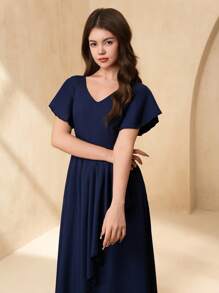 SHEIN V-Neck Ruffle Sleeve Cinched Waist Dress, Elegant Minimalist Wedding Guest Formal Gown