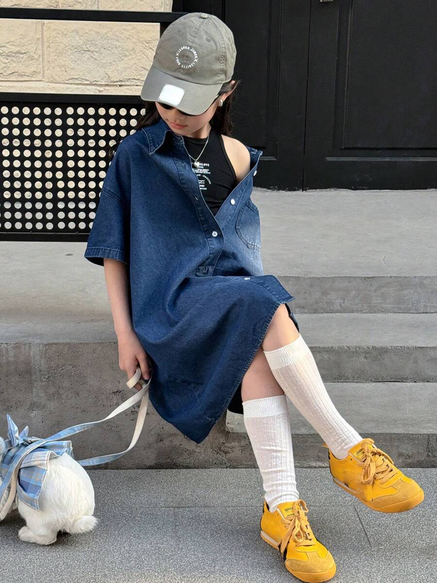 DAZY Tween Girl Denim Polo Collar Short Sleeve Dress, Summer - Blue - View 1