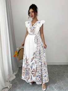 Chiquease 女士花卉印花 A 字裙，短袖，适合春夏季度假 - 彩色 - 查看 3