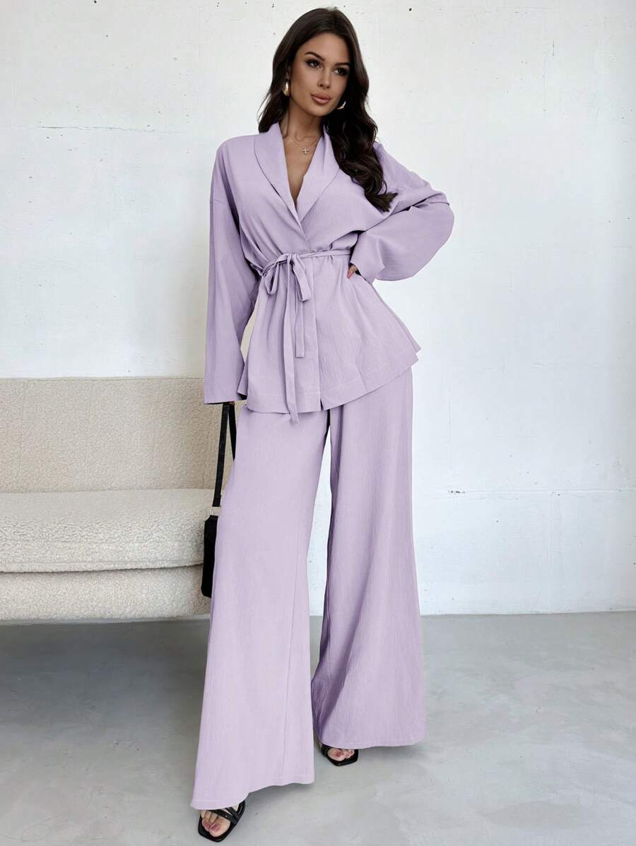 Firerie Women Elegant Casual Holiday Office Lapel Waist Tie Loose Shacket And High Waist Casual Long Pants, Autumn/Summer Purple - Lilac Purple - View 1