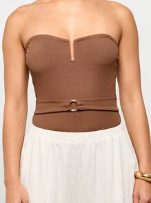 AiiRZ Ribbed Strapless Sweetheart Corset Style Bandeau Bodysuit With Belt Detail Spring Summer Clubwear Party Evening Occasion Bodycon Bustier Top