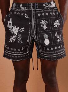 SUMWON Hawaiian Print Summer Beach Shorts Swimming Trunks Bandana Pattern Pineapple Print Resort Wear Pool Party Vacation Board Shorts Athletic Swimwear - Black - View 6